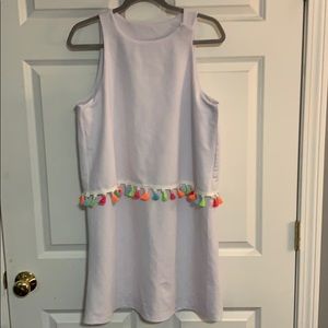 White dress with neon Pom detail